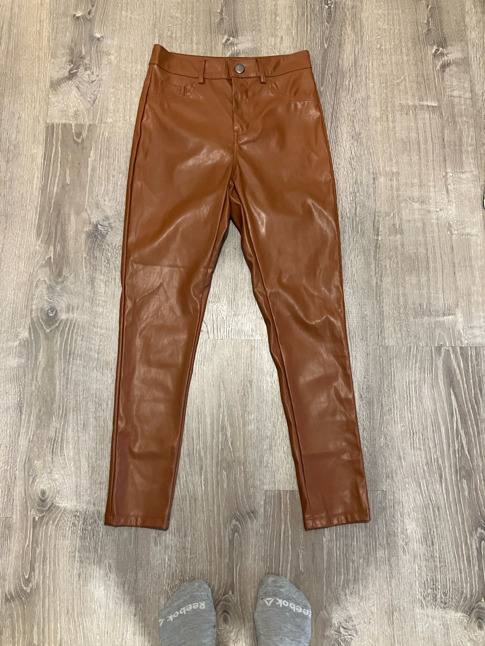 Shinestar Cognac Faux Leather Straight-Leg Pants